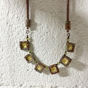 VTG Necklace Brass Copper With Square Beads Gold Green Undertones 17.5” Length